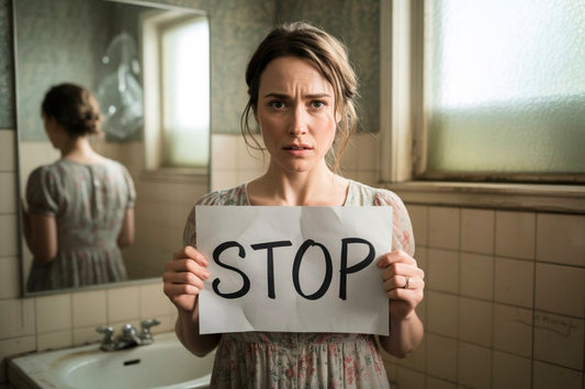 Femme inquiète tenant une pancarte "STOP" pour arrêter les règles