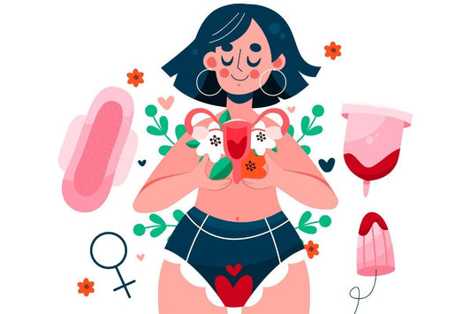 Illustration d'une femme avec l'utérus en fleurs avec différentes protections hygiéniques