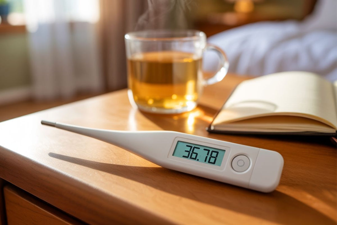 Thermomètre basal digital affichant 36.78 degrés, posé sur une table de chevet avec une tasse de thé