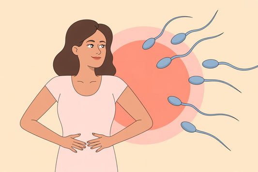 Illustration d'une femme près d'un ovule et de spermatozoïdes en mouvement