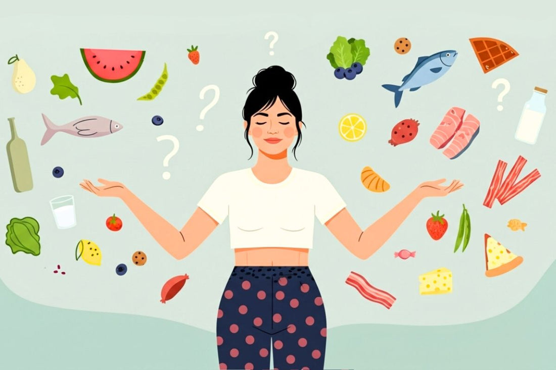 Woman choosing foods for menstruation (fruits, vegetables, fish) and foods to avoid (meat, cheese, alcohol)