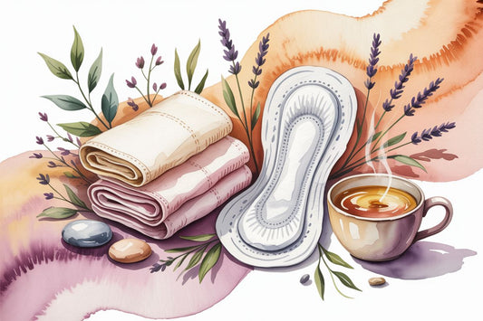 Ilustración en acuarela de toallas y té de hierbas para controlar el flujo marrón a mitad del ciclo.