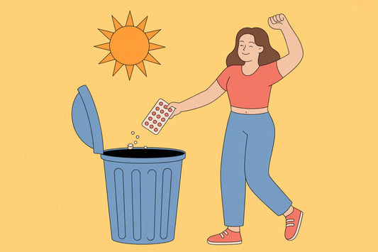 Illustration d'une femme jetant des pilules, choisissant une contraception sans hormones