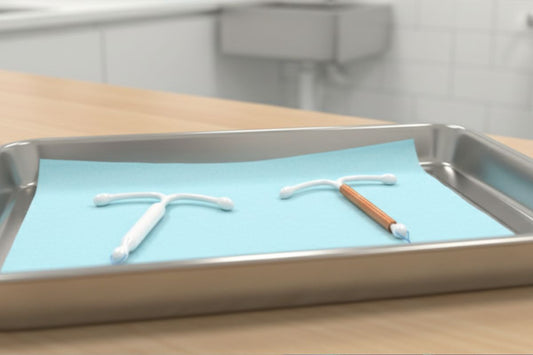 Two IUDs, hormonal and copper, on a surgical tray