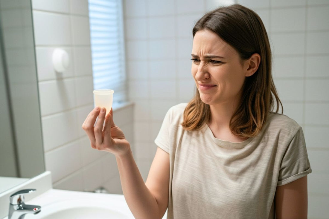 Femme fronçant le nez en regardant sa cup menstruelle