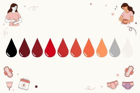 Minimalist illustration of menstrual blood drops in color gradient, from white to dark red to black