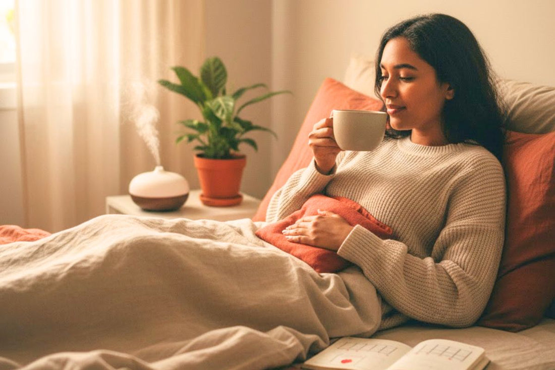 Femme se réconfortant avec une bouillotte et une boisson chaude au lit, gérant le TDPM