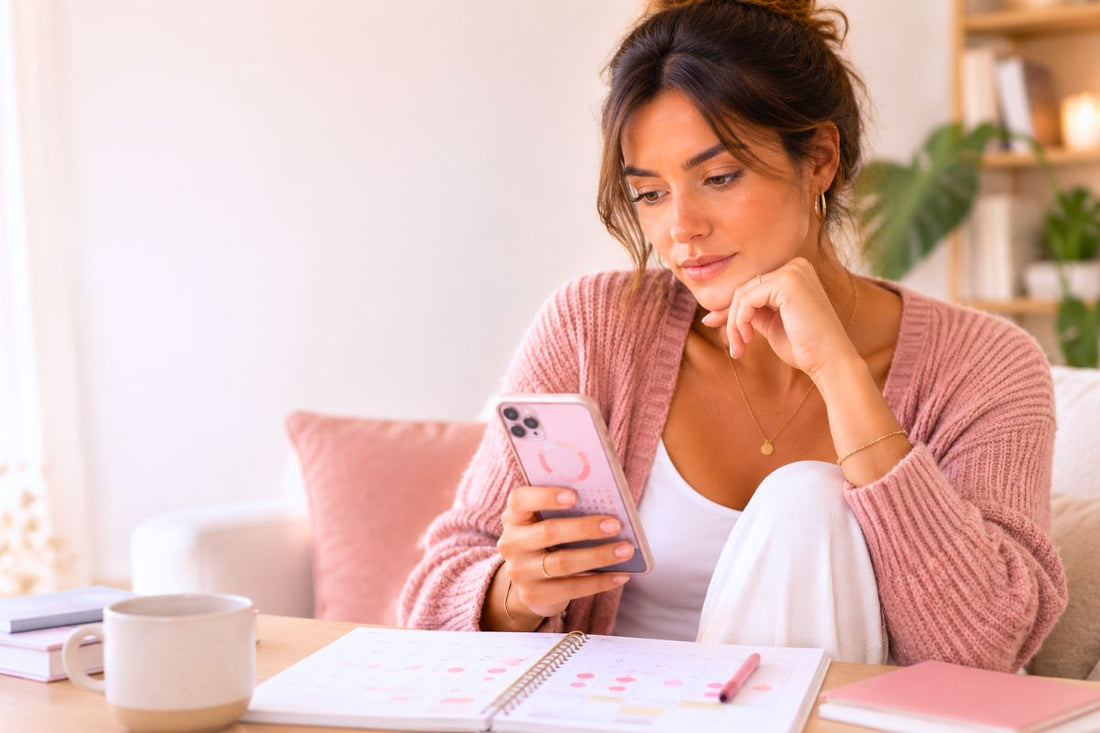 Une femme vérifie la durée de ses règles sur son application de suivi menstruel