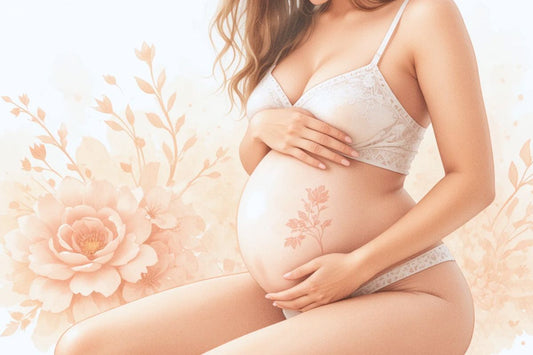 Illustration of a pregnant woman with a rounded belly, a period when white discharge is more abundant