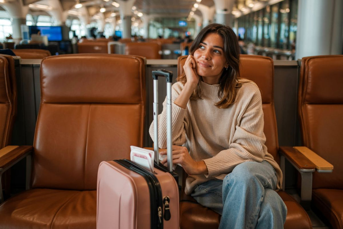 Femme souriante à l'aéroport avec valise prête à voyager malgré ses règles