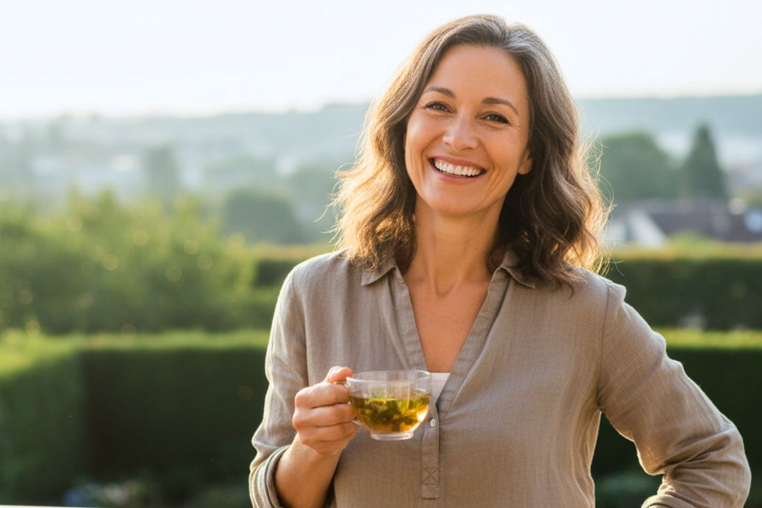 Portrait d'une femme souriante et sereine d'âge mûr, symbolisant le bien-être et la confiance pendant la préménopause