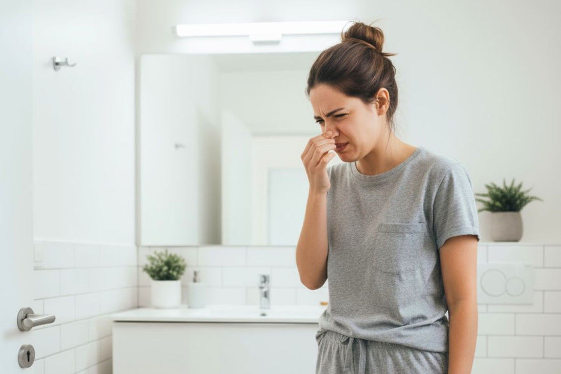 Jeune femme dans une salle de bain blanche, se pinçant fortement le nez avec un air de dégoût intense, comme si elle sentait une mauvaise odeur due à ses règles