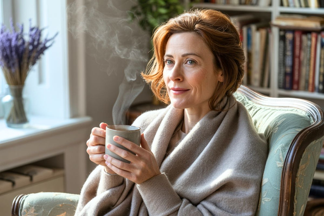 Femme mature en périménopause, assise confortablement avec une expression réfléchie