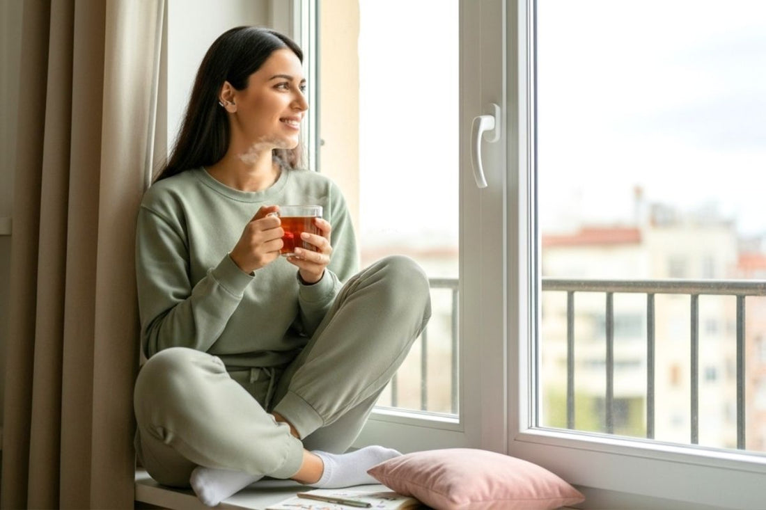 Femme souriante buvant une infusion chaude près de la fenêtre, moment de calme pendant le SPM
