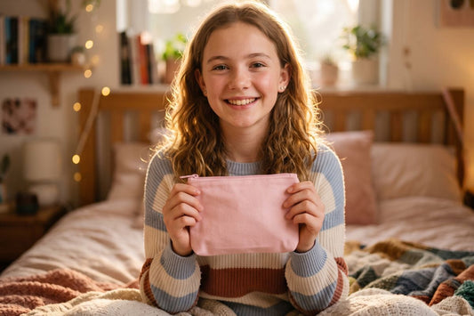 Une adolescentes tient dans ses main une pochette pour ses premières règles