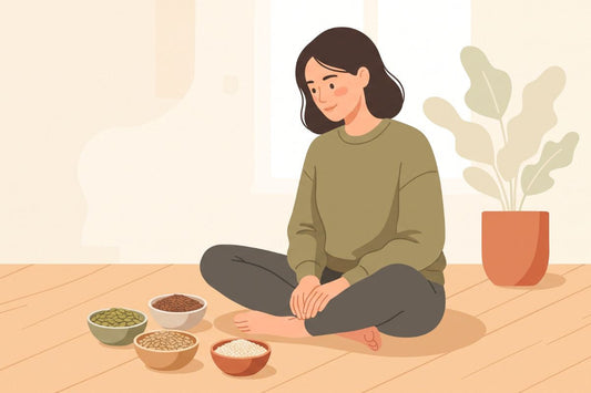 Illustration d'une femme regardant des bols de graines