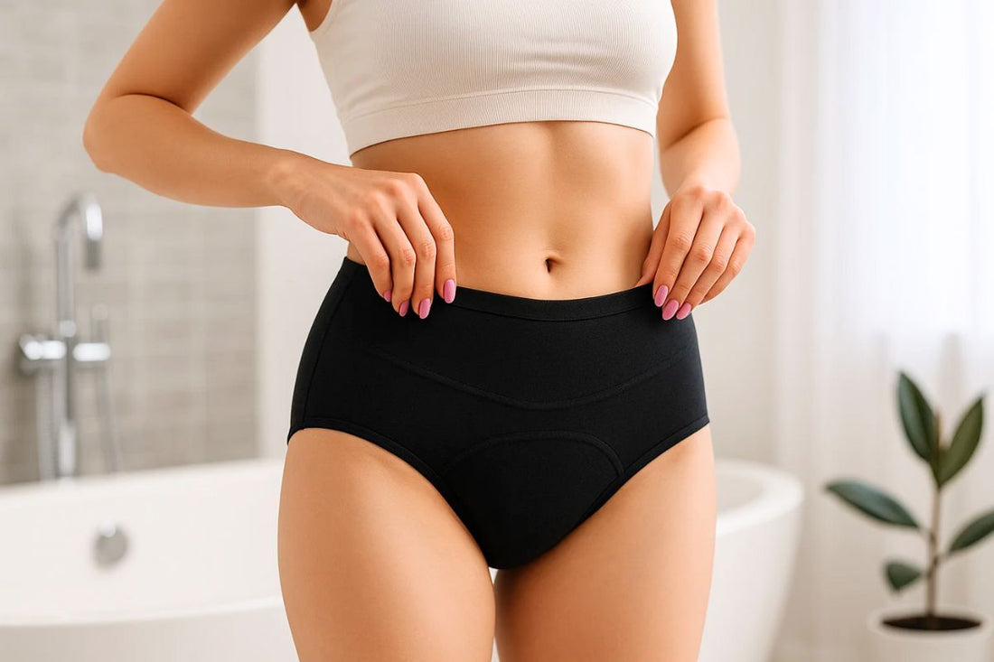 Une femme enfile une culotte menstruelle contre les pertes vaginales dans une salle de bain