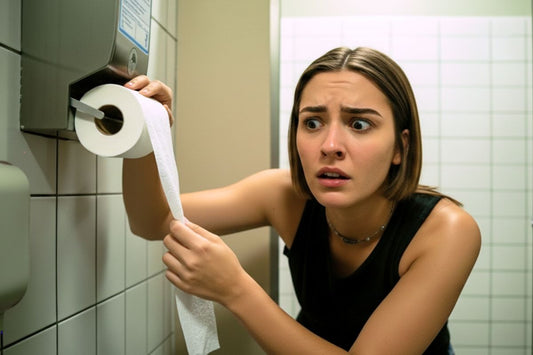 Une femme dans des toilettes publiques, inquiète, utilise le papier toilette comme protection hygiénique temporaire d'urgence pour l'arrivée de ses règles imprévues