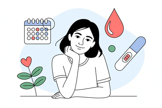 Illustration d'une femme souriante avec calendrier, goutte de sang et test de grossesse