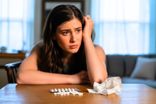 Femme inquiète devant des pilules, s'interrogeant sur ces saignements et l'absence de règles