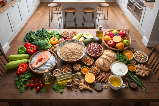 Grande table remplie d'aliments sains variés, incluant légumes, fruits, poisson et céréales, pour un menu SOPK