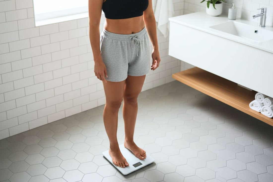 Femme se pesant sur une balance dans une salle de bain pour gérer sa prise de poids liée au SOPK