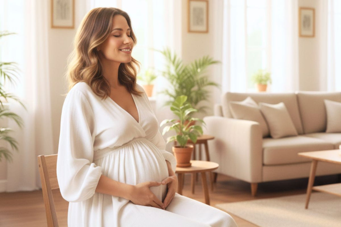 Femme enceinte souriante et sereine, caressant son ventre dans un salon lumineux, en contexte de SOPK et grossesse