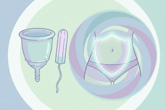 Illustration d'une coupe menstruelle et d'un tampon face à une femme