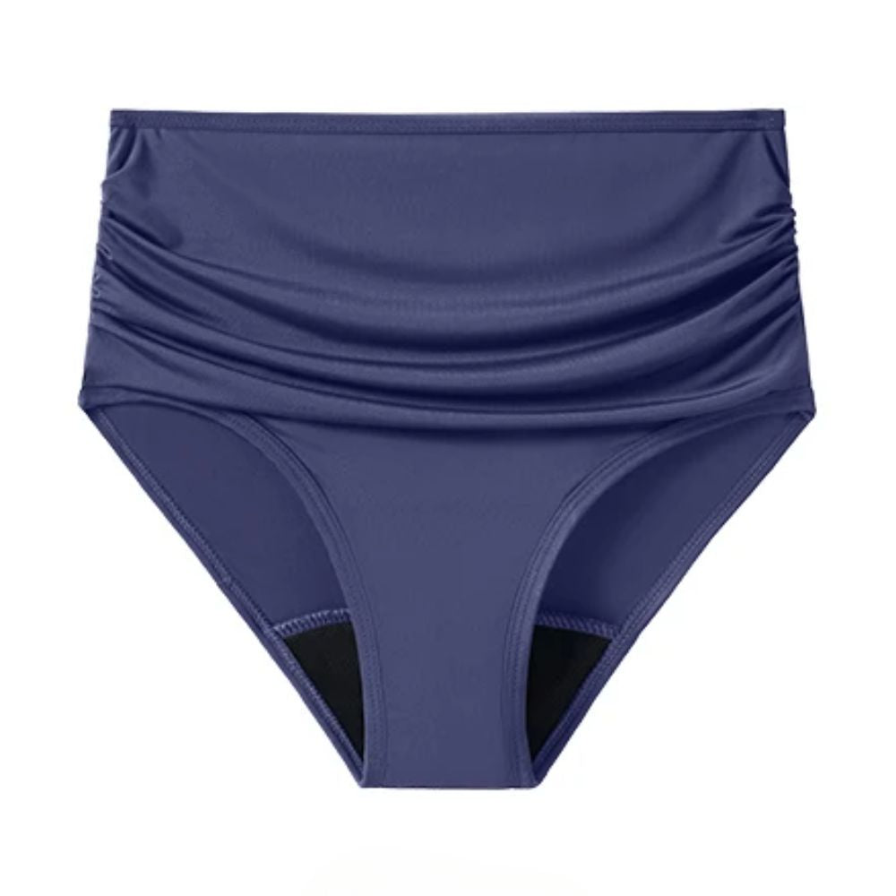Präsentation des blauen LIA-Menstruationsbadeanzugs mit hoher Taille und flachem Boden