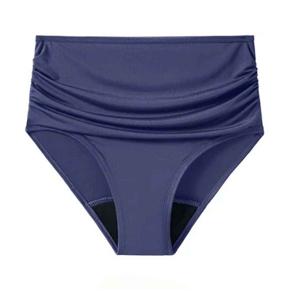 Présentation à plat bas de maillot de bain menstruel taille haute LIA bleu