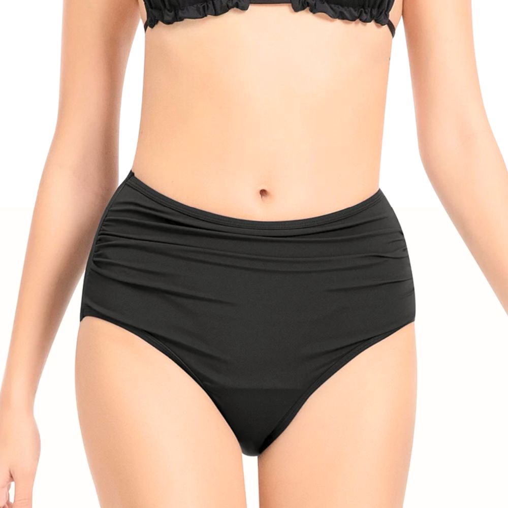 Front view of a black high waisted Period Swimwear bottom