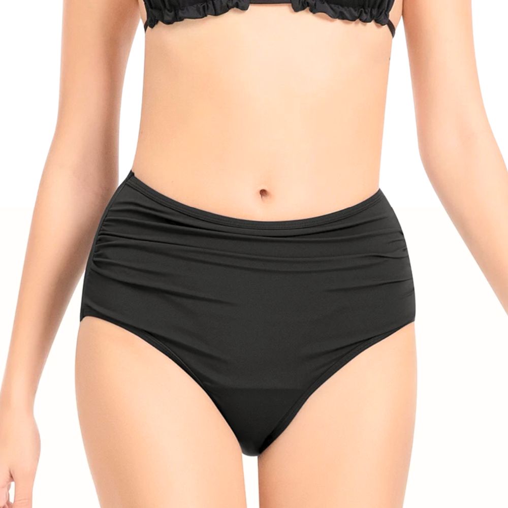 Vue de face d'un bas de maillot de bain menstruel taille haute noir