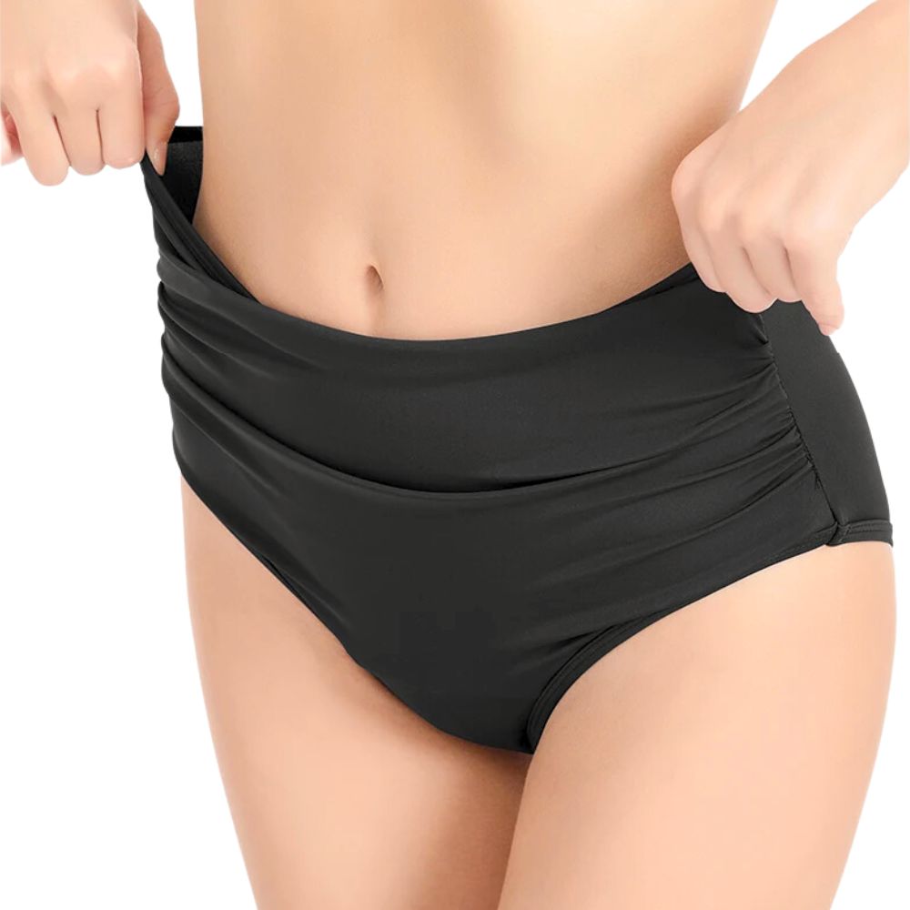 Front view with fabric stretch of a black high waisted menstrual bikini bottom