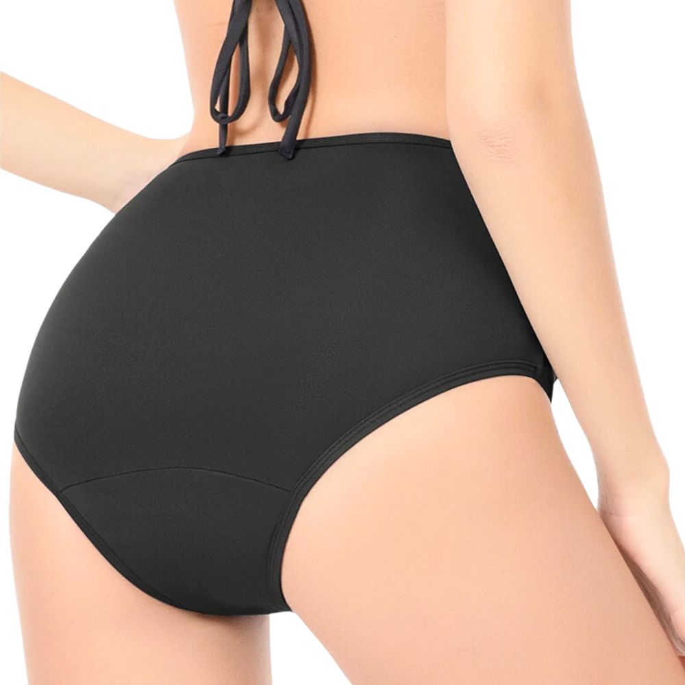 Vista posterior de la braguita de bikini menstrual negra de cintura alta